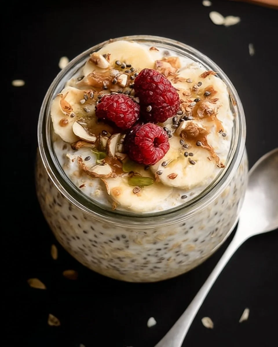 Bowl of creamy vanilla overnight oats topped with fresh fruits and nuts