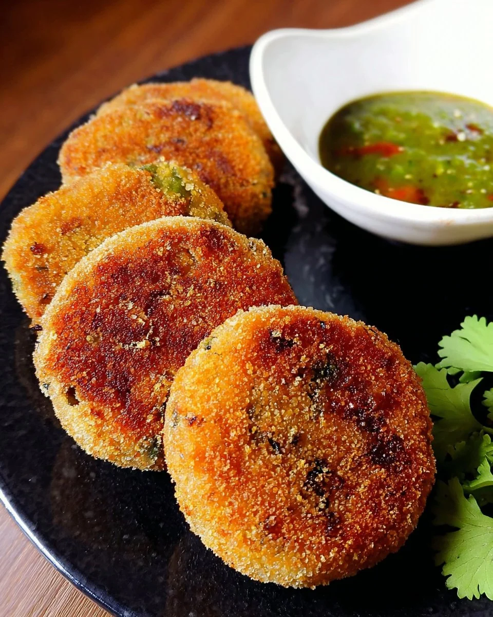 A plate of crispy Veg Cutlets garnished with herbs and served with dipping sauce.