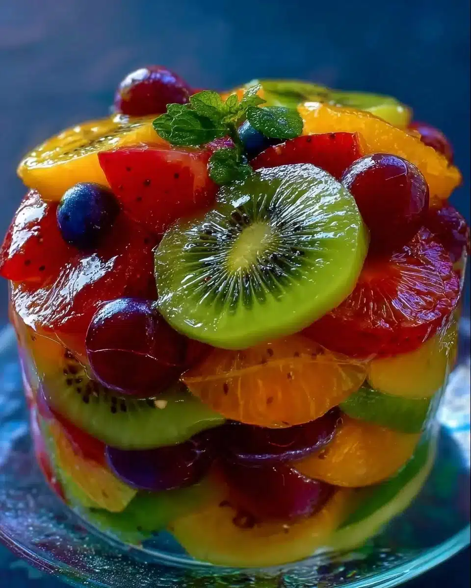 Vivid layered fruit salad with a variety of colorful fresh fruits
