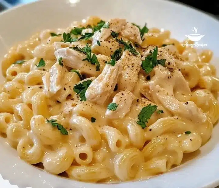 Bowl of white chicken chili mac and cheese topped with green onions
