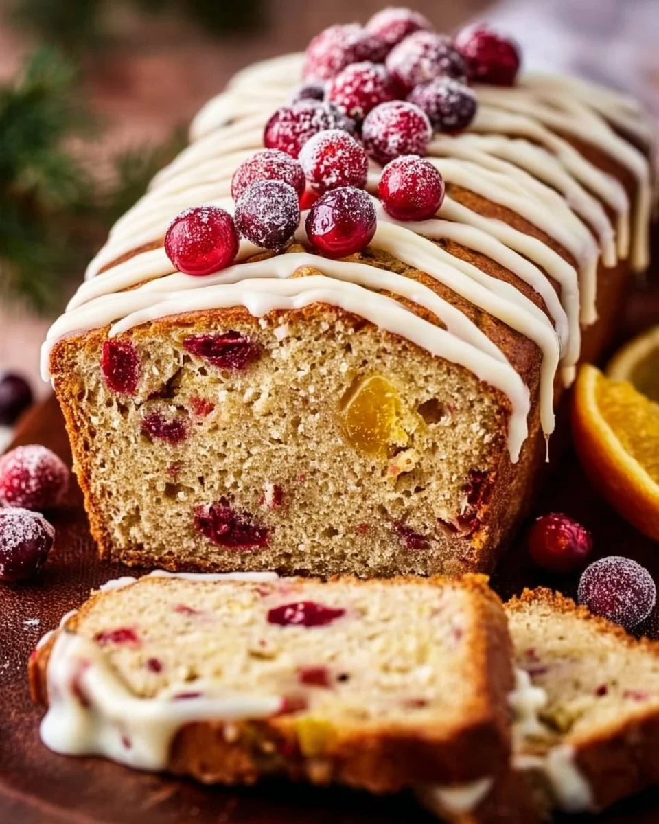 Sliced White Chocolate Glazed Cranberry Christmas Eggnog Bread on a festive background