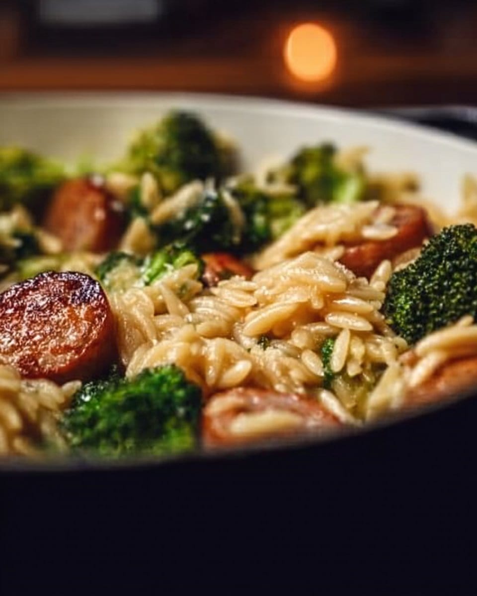 One-Pan Creamy Orzo with Chicken Sausage and Broccoli