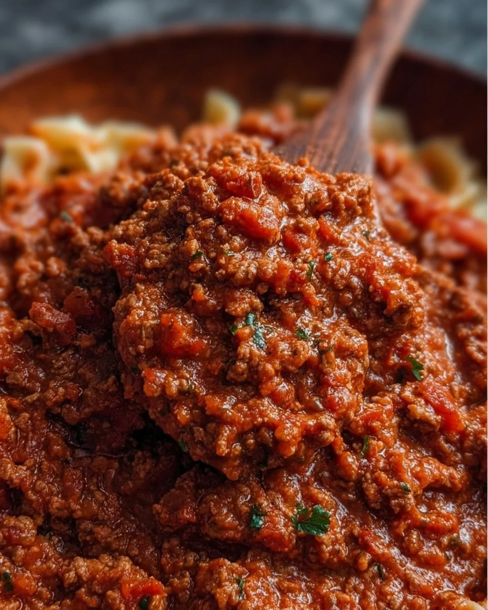 A bowl of authentic Bolognese sauce with fresh ingredients and herbs