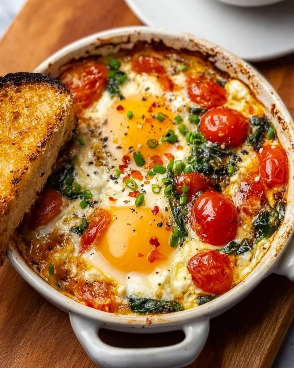 Baked feta eggs with tomatoes and spinach on a plate