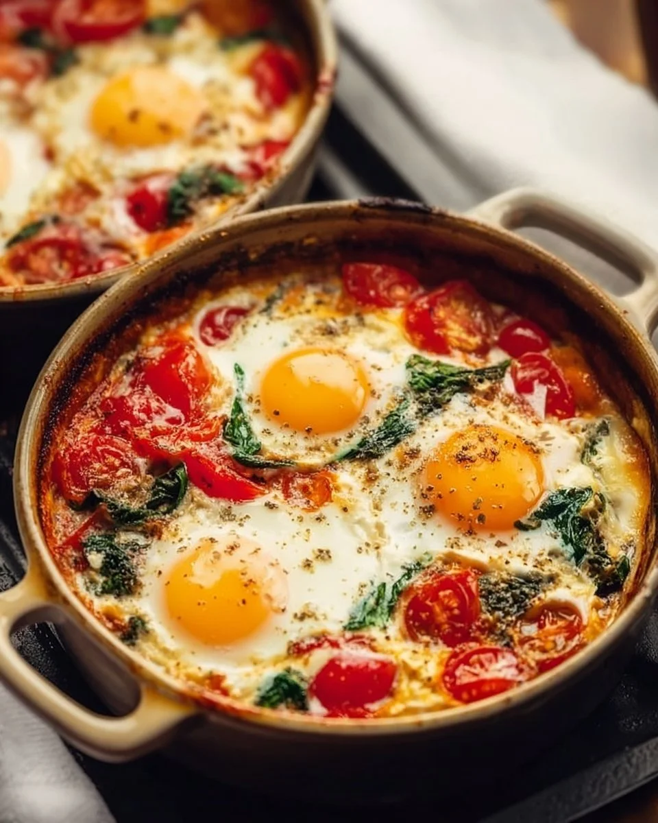 Baked Feta Eggs with Tomatoes and Spinach