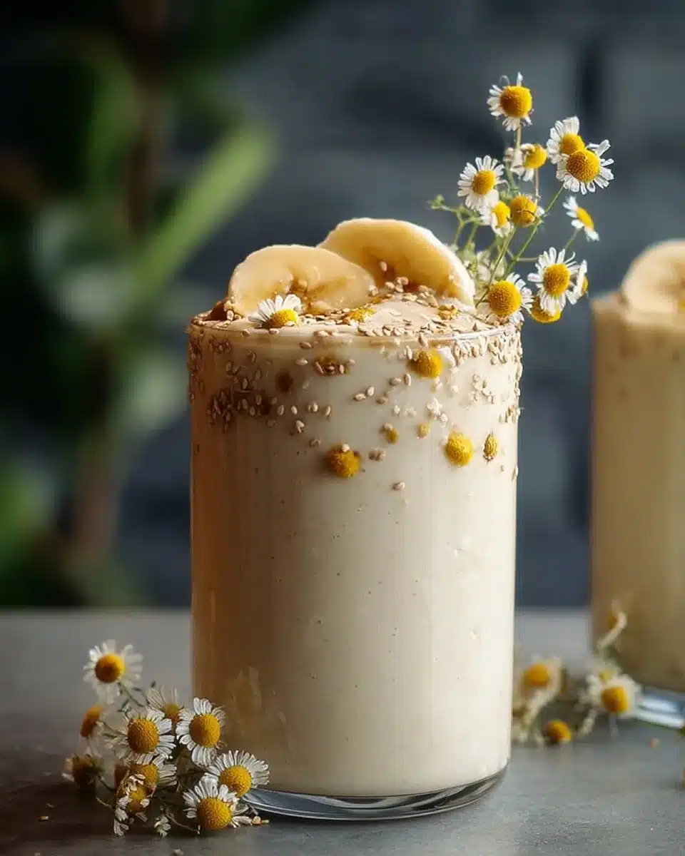 Delicious banana chamomile tea smoothie served in a glass