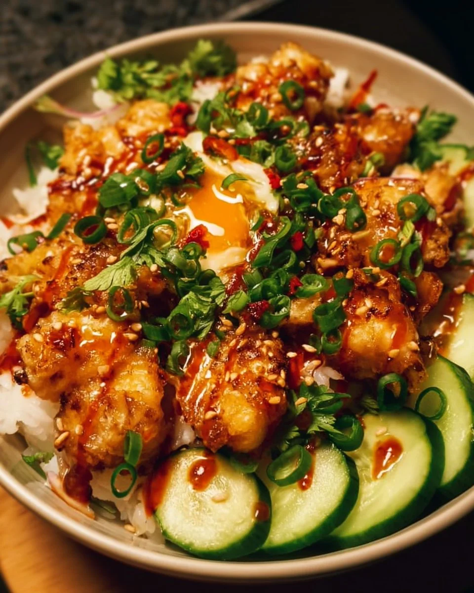 Bang Bang Chicken Bowl with crispy chicken and spicy sauce