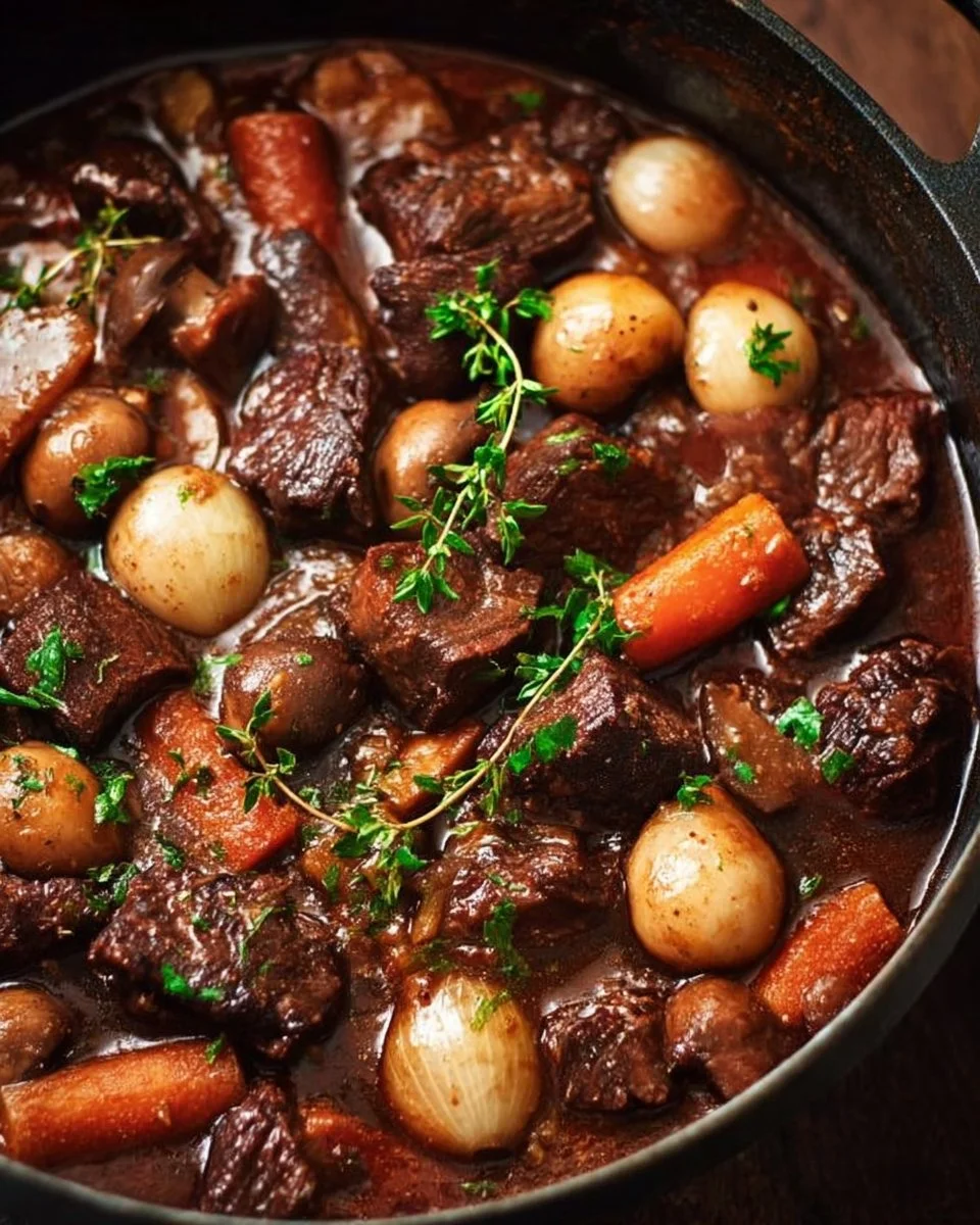Delicious Beef Bourguignon served with herbs and carrots in a rich sauce