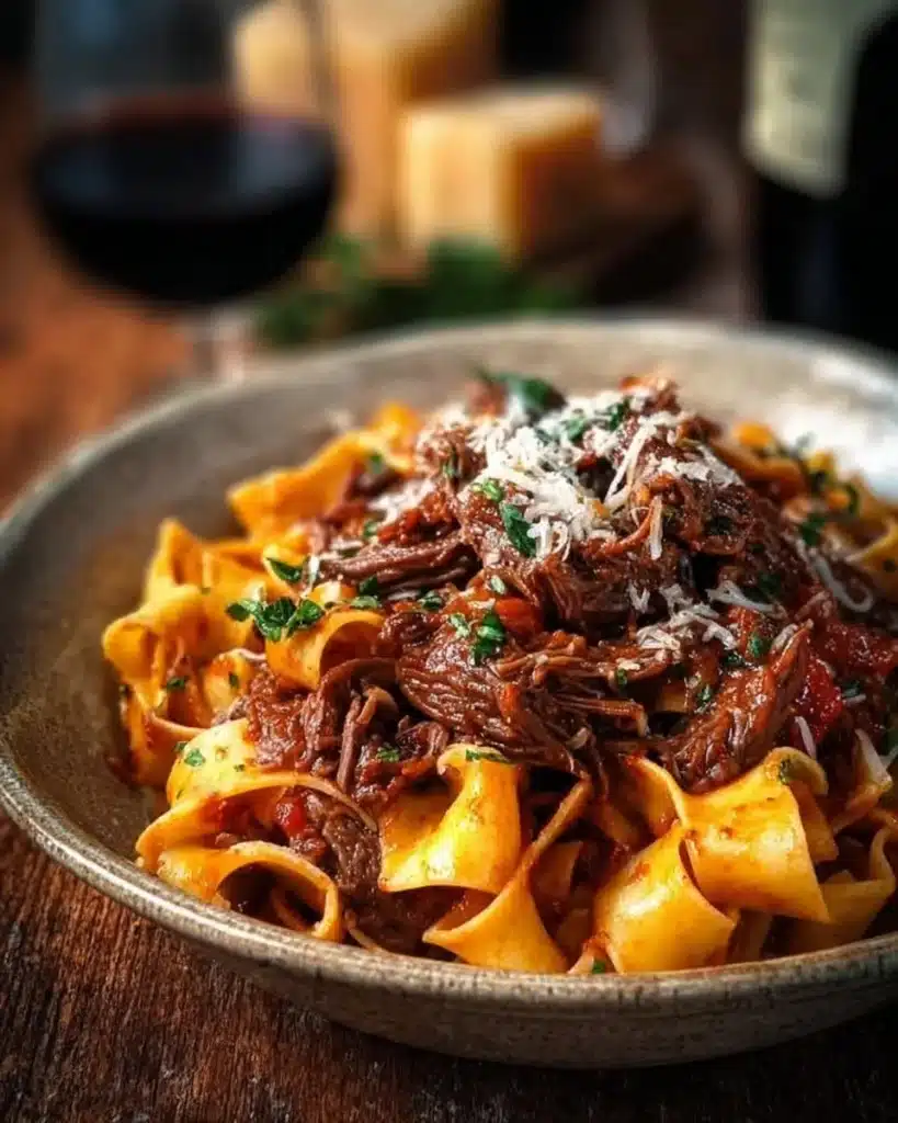 Delicious Beef Ragu cooked in red wine and served over pappardelle pasta.