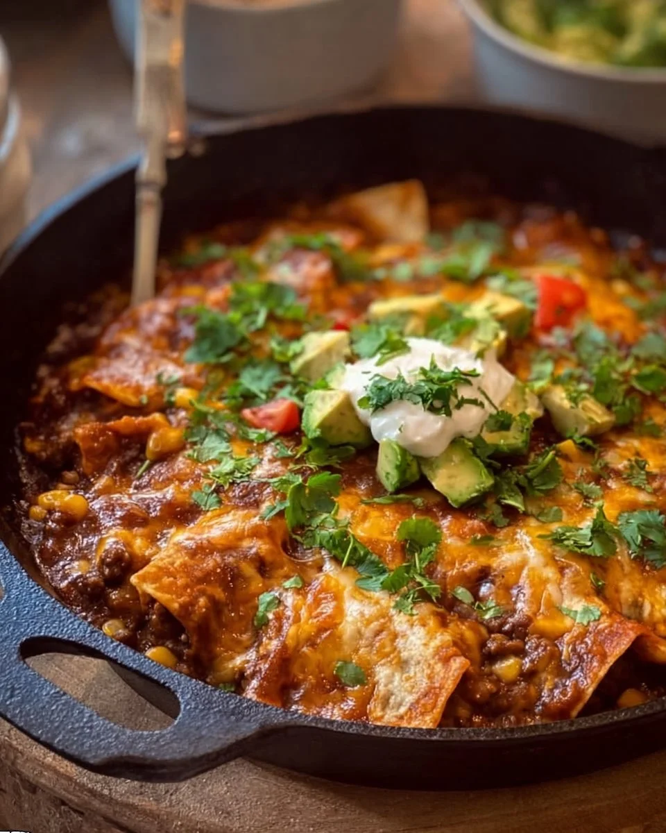 Delicious Beef Skillet Enchiladas topped with cheese and fresh cilantro