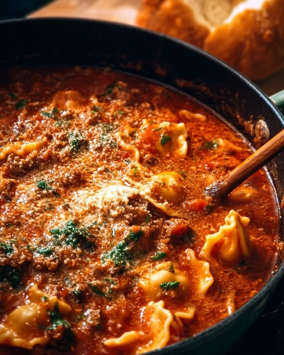 A bowl of delicious lasagna soup topped with cheese and herbs, perfect for dinner.