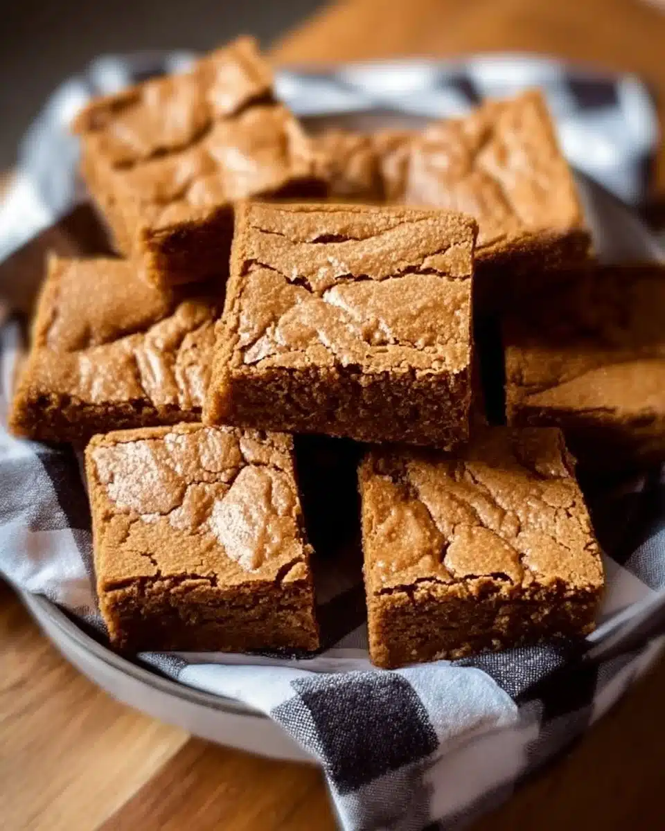 Delicious Biscoff blondies drizzled with melted chocolate on a white plate