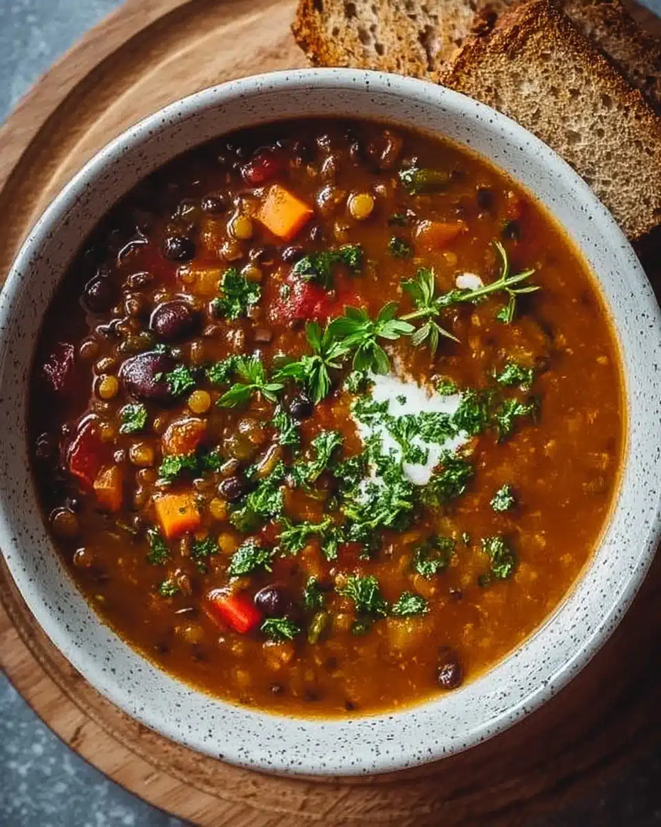 Bowl of homemade Black Bean Lentil Soup with fresh herbs on top
