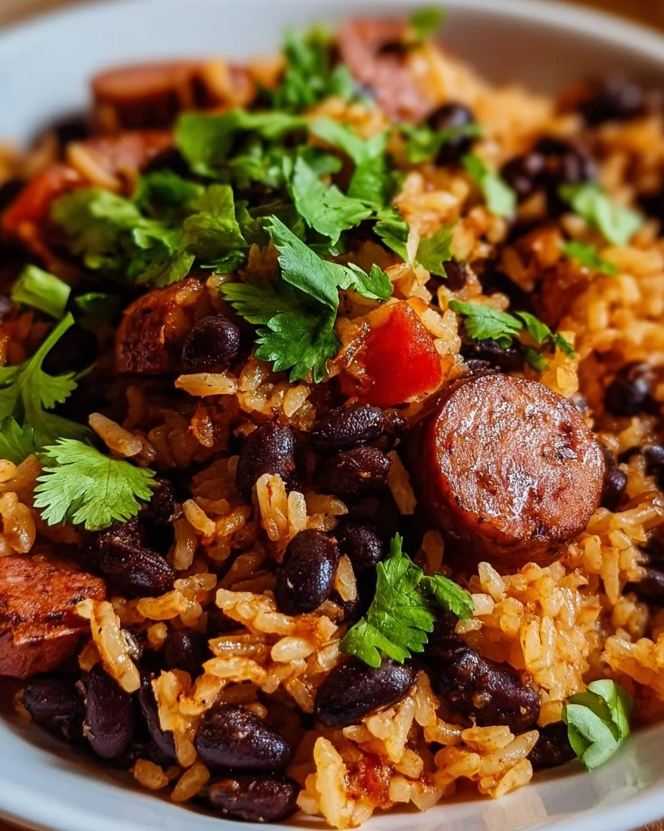 Delicious black beans and rice served with sausage on a plate.