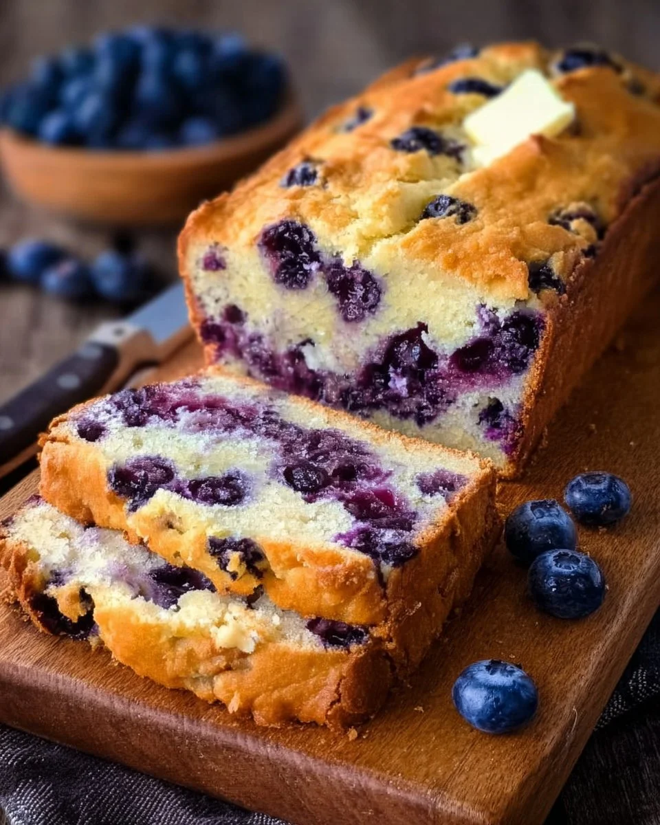 Freshly baked Blueberry Cream Cheese Bread with vibrant blueberries