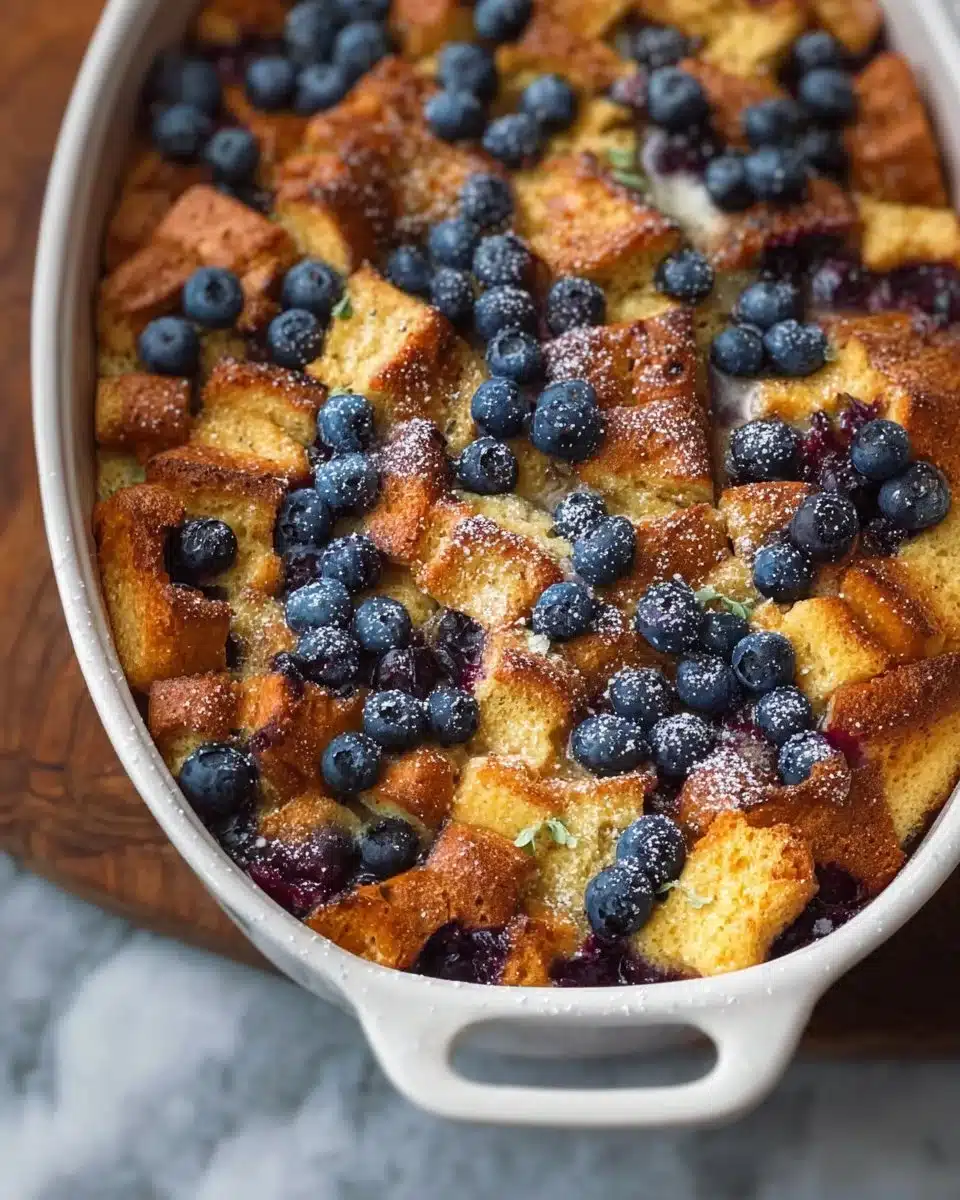 Blueberry French Toast Casserole baked with fresh blueberries and syrup