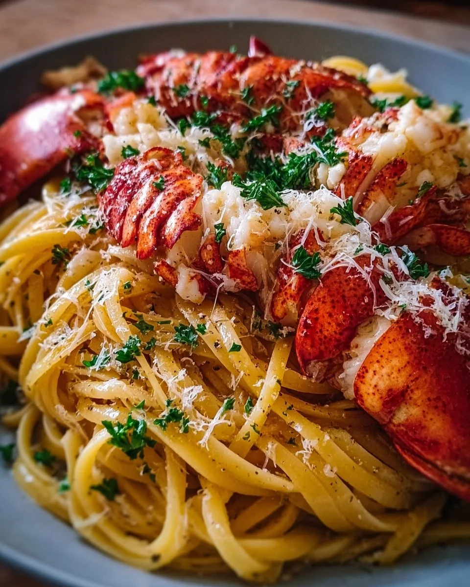 Delicious buttered lobster pasta served with herbs and garnish.