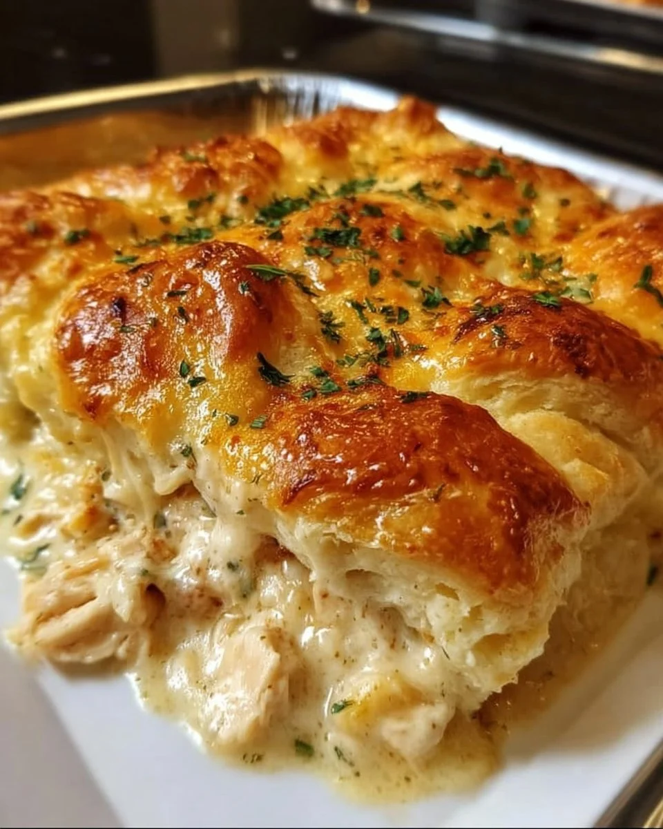 Cheesy Chicken Crescent Bake served on a plate with herbs and spices