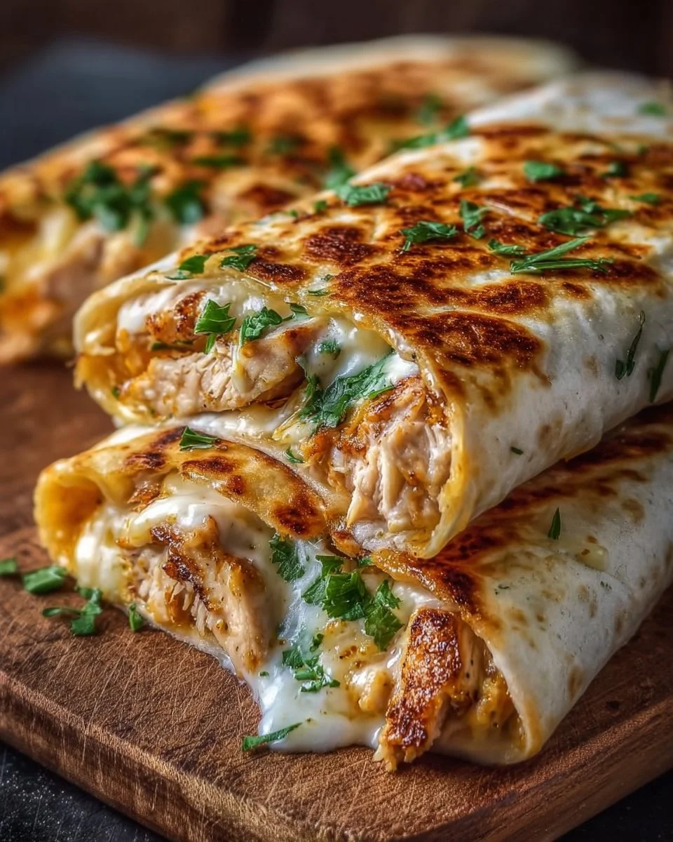 Cheesy garlic chicken wraps filled with grilled chicken, cheese, and fresh herbs