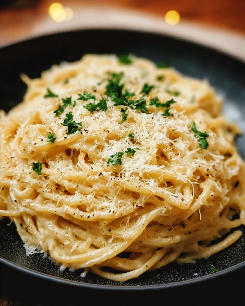 Plate of Cheesy Garlic Parmesan Spaghetti garnished with parsley