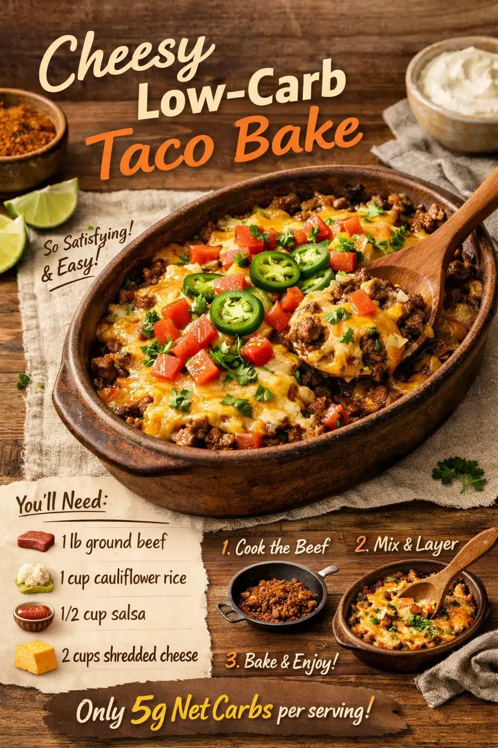 Cheesy low-carb taco bake served in a dish, garnished with fresh toppings.