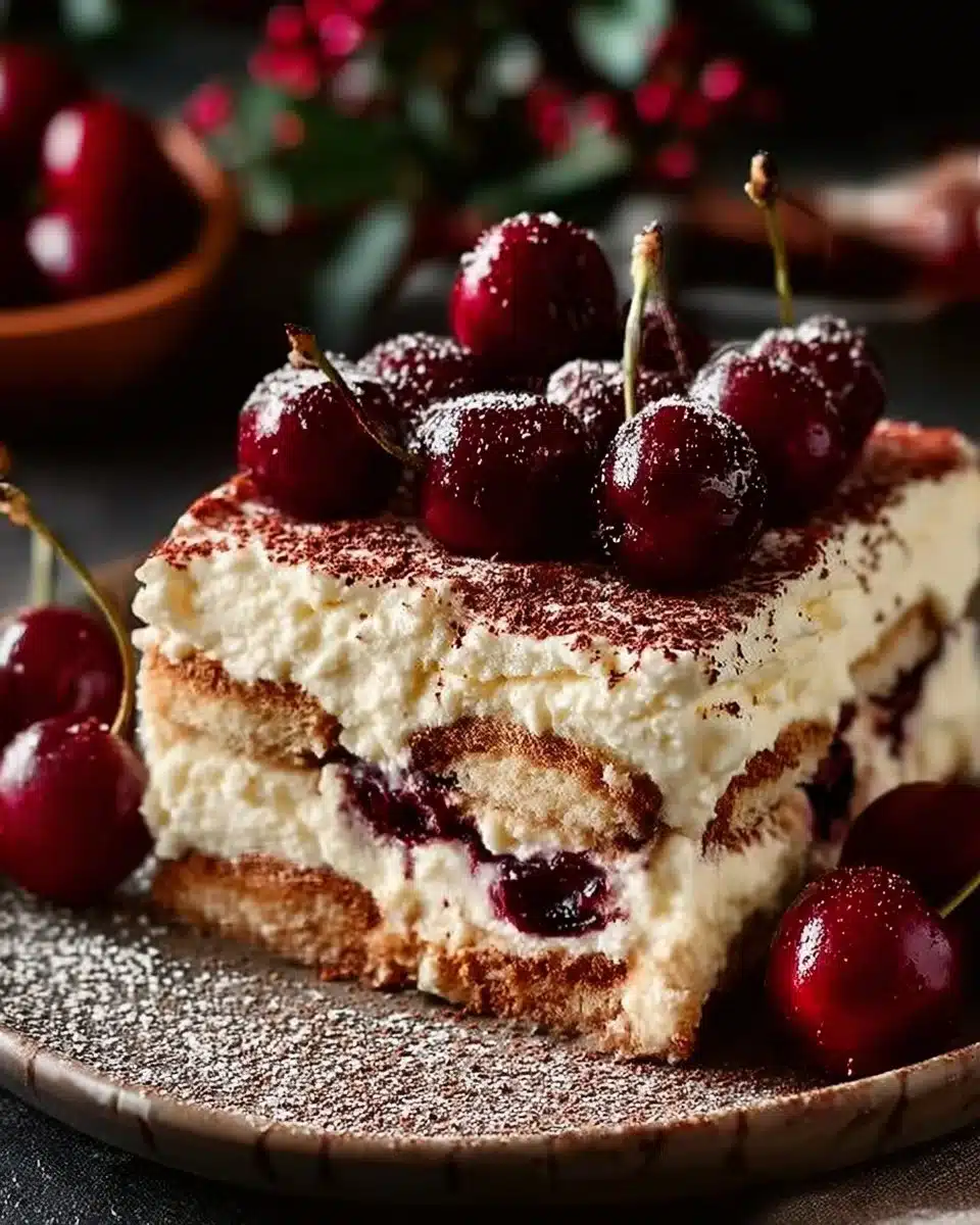 Cherry Amaretto Tiramisu dessert with cherries and amaretto flavors