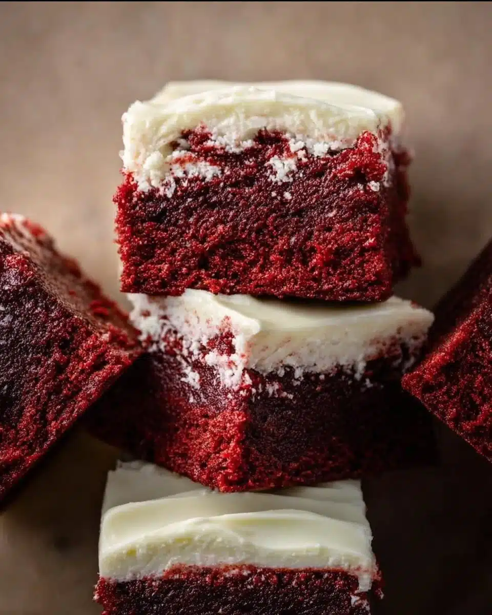 Chewy red velvet brownies topped with cream cheese frosting on a white plate.