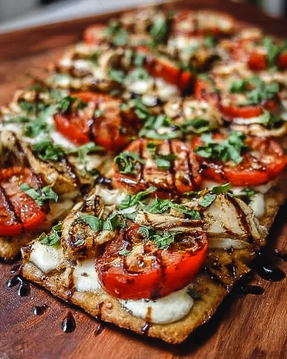 Delicious Chicken Caprese Flatbread topped with fresh basil and mozzarella