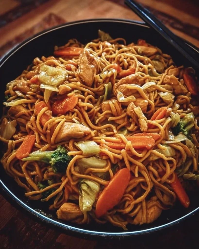 Plate of Chicken Lo Mein with vegetables and chicken on top of noodles