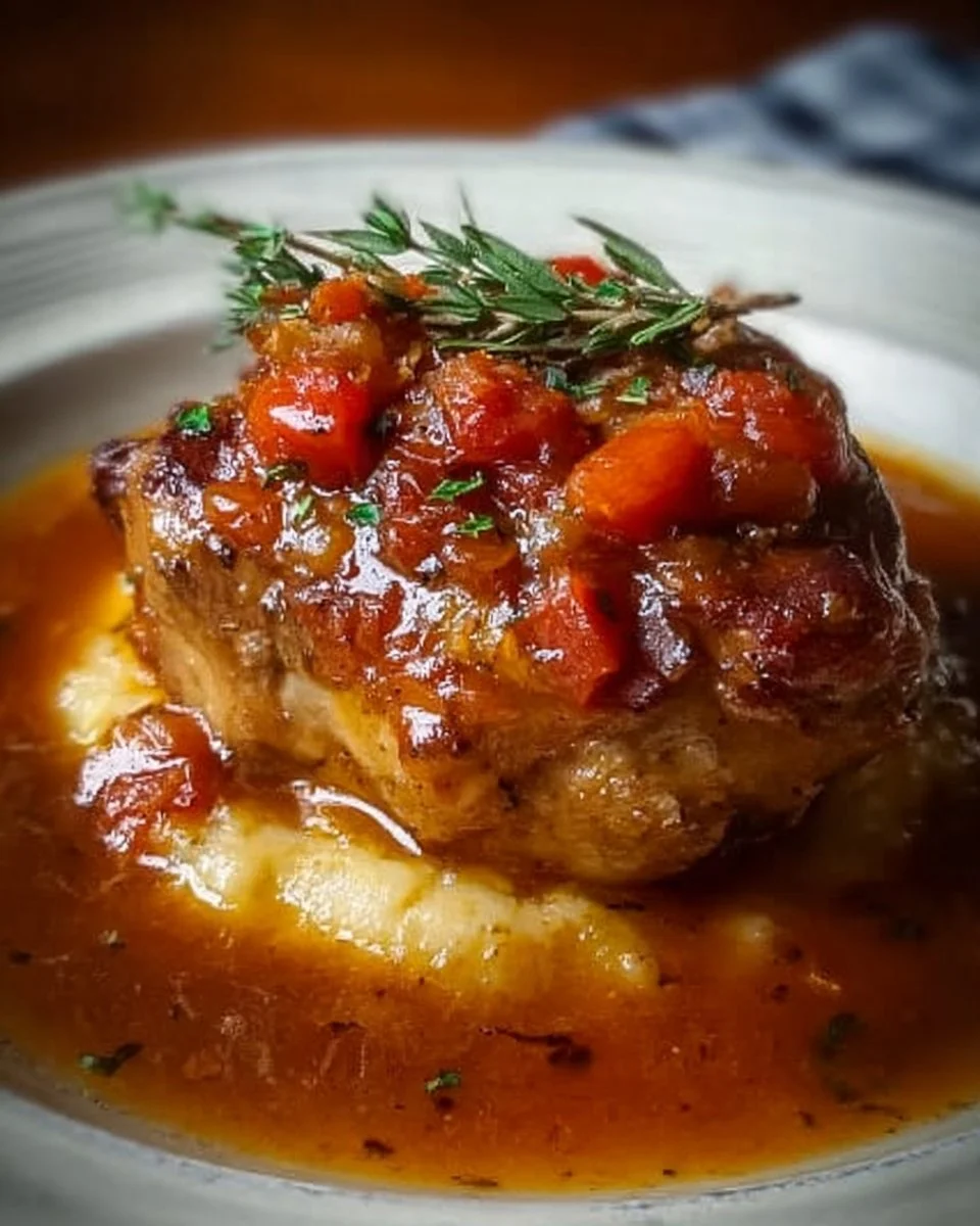 A beautifully plated Chicken Thigh Osso Bucco with garnishes and herbs.