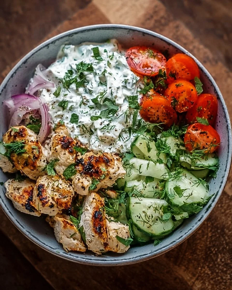 Delicious Chicken Tzatziki Bowl with grilled chicken and fresh vegetables