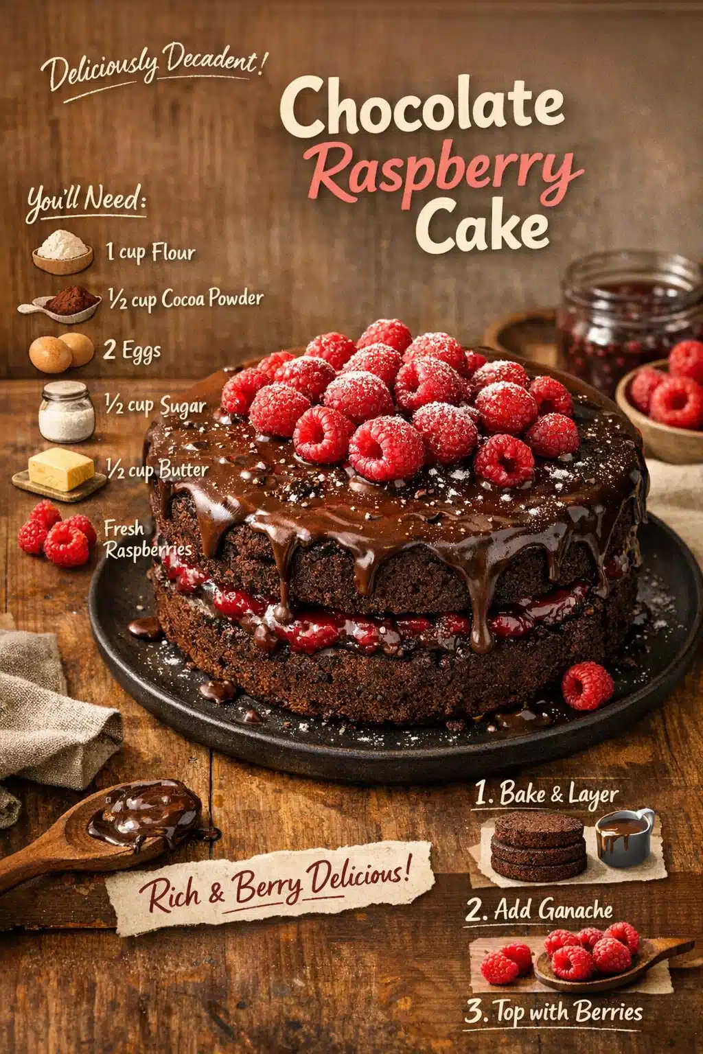 Delicious Chocolate Raspberry Cake with rich layers and fresh raspberries