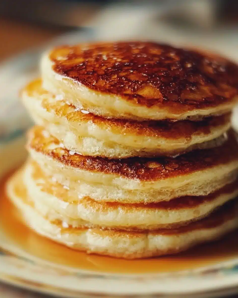 Stack of classic fluffy pancakes topped with syrup and berries