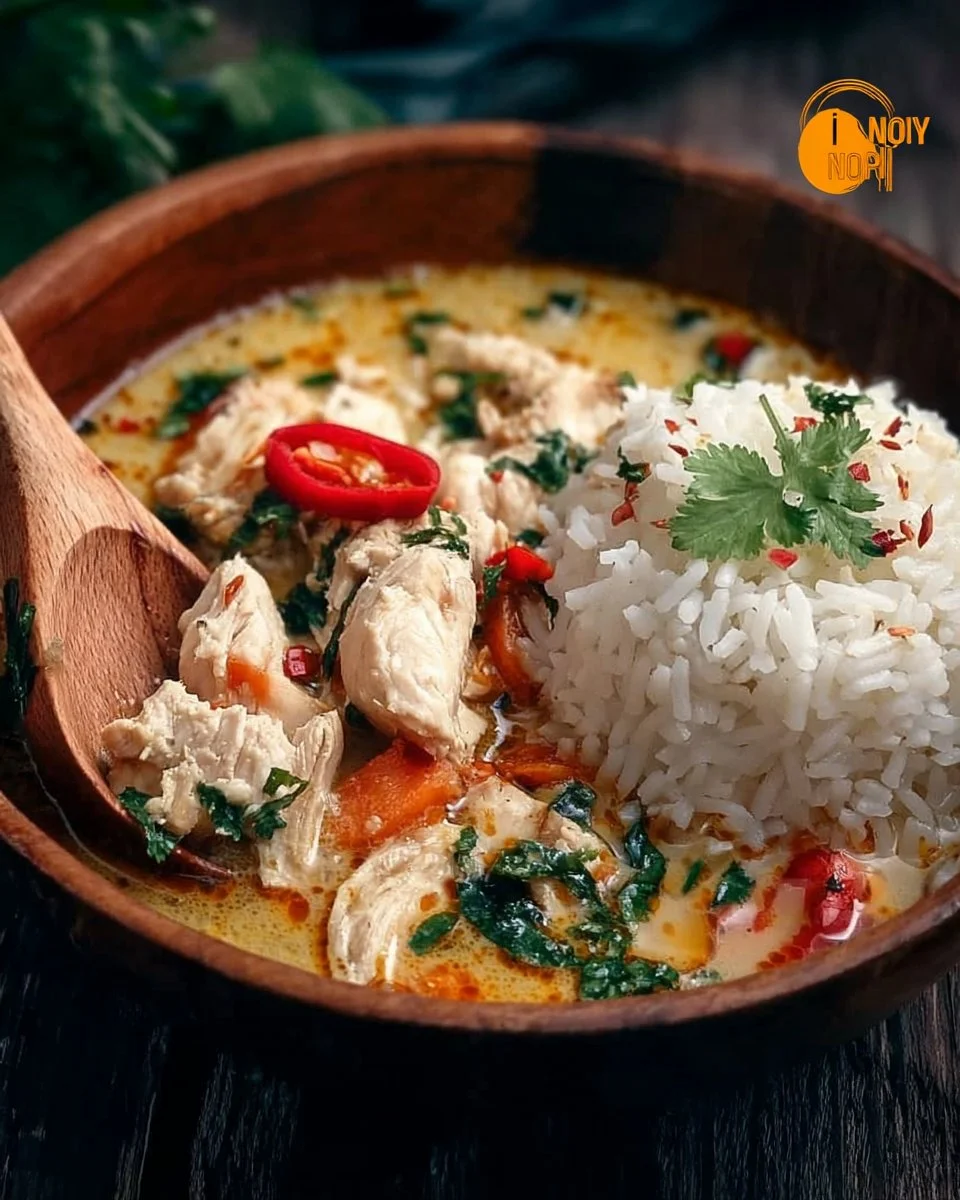 Delicious bowl of Coconut Chicken Brothy Rice garnished with herbs