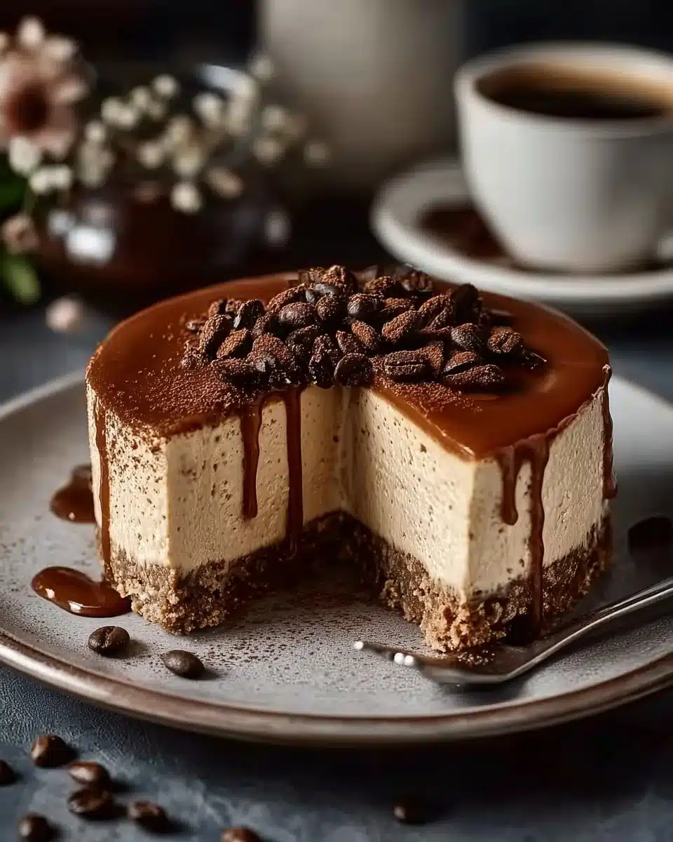 Delicious coffee cheesecake topped with chocolate shavings and coffee beans