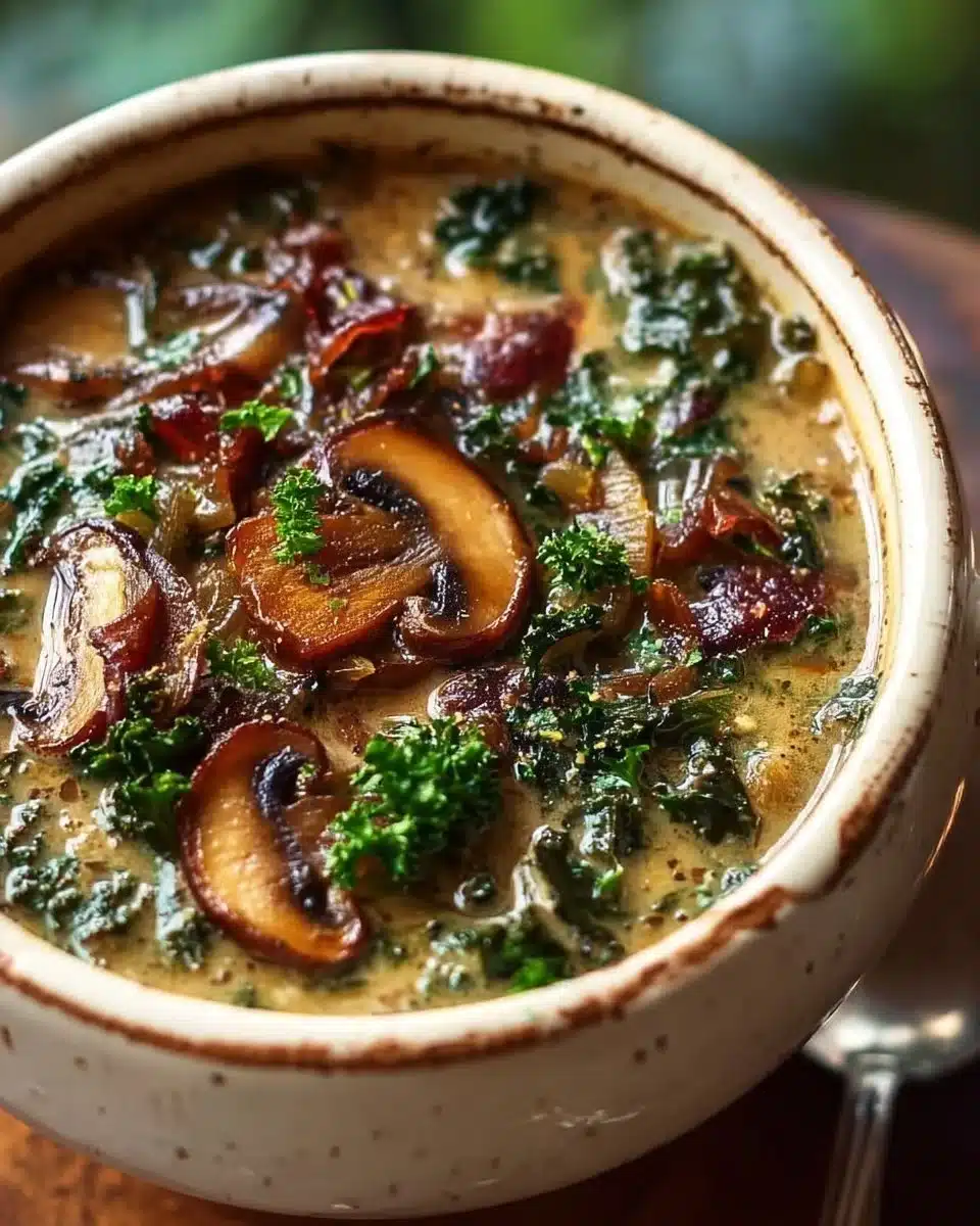 Bowl of comforting wild mushroom soup with caramelized onion and kale