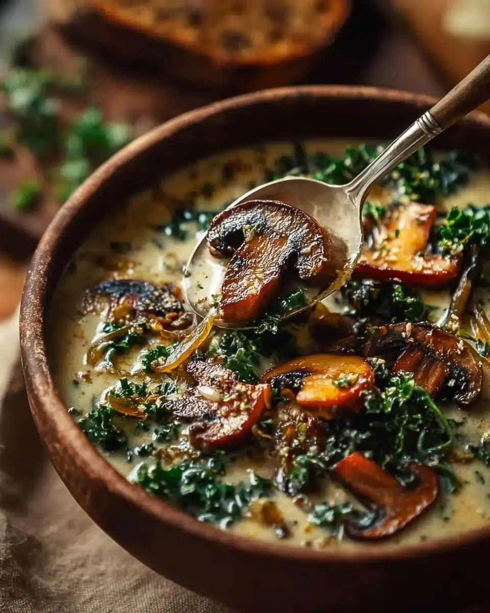 Comforting Wild Mushroom, Caramelized Onion and Kale Soup - homefoodkitchen
