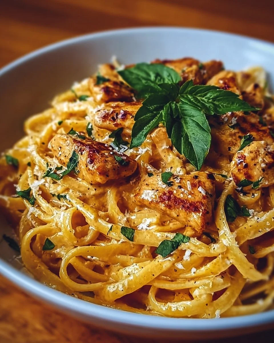 Delicious Cowboy Butter Chicken Linguine served in a bowl