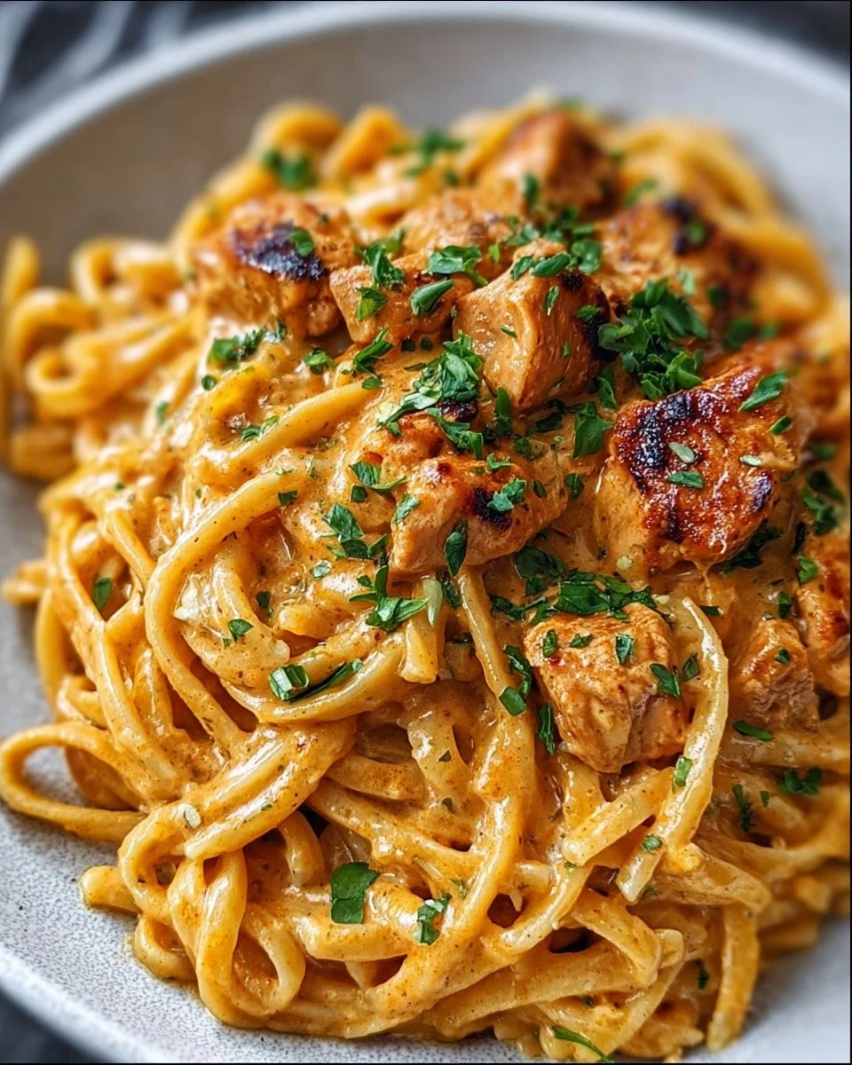 Delicious Cowboy Butter Chicken Pasta served in a bowl with herbs and spices.