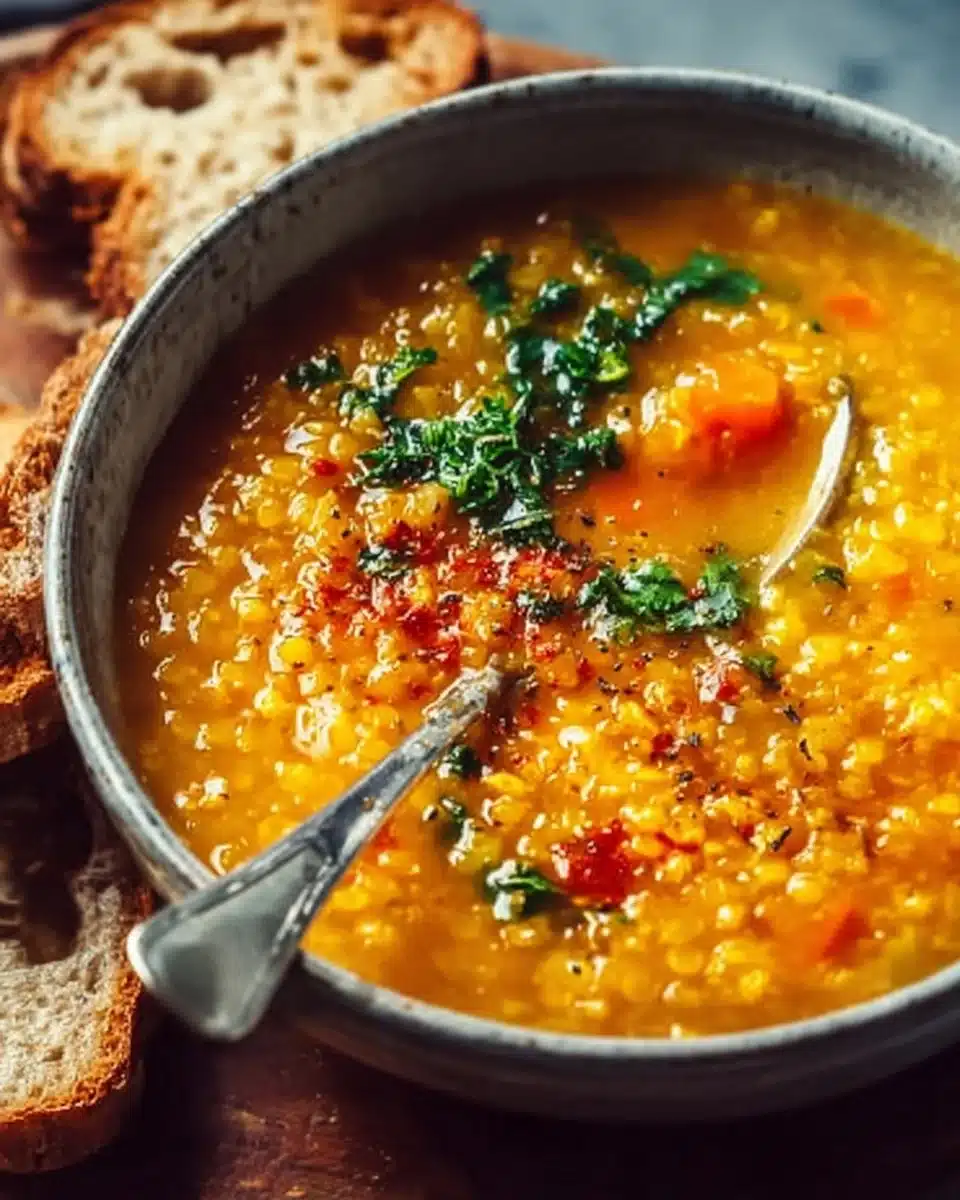 Bowl of cozy anti-inflammatory lentil soup with fresh herbs and spices.