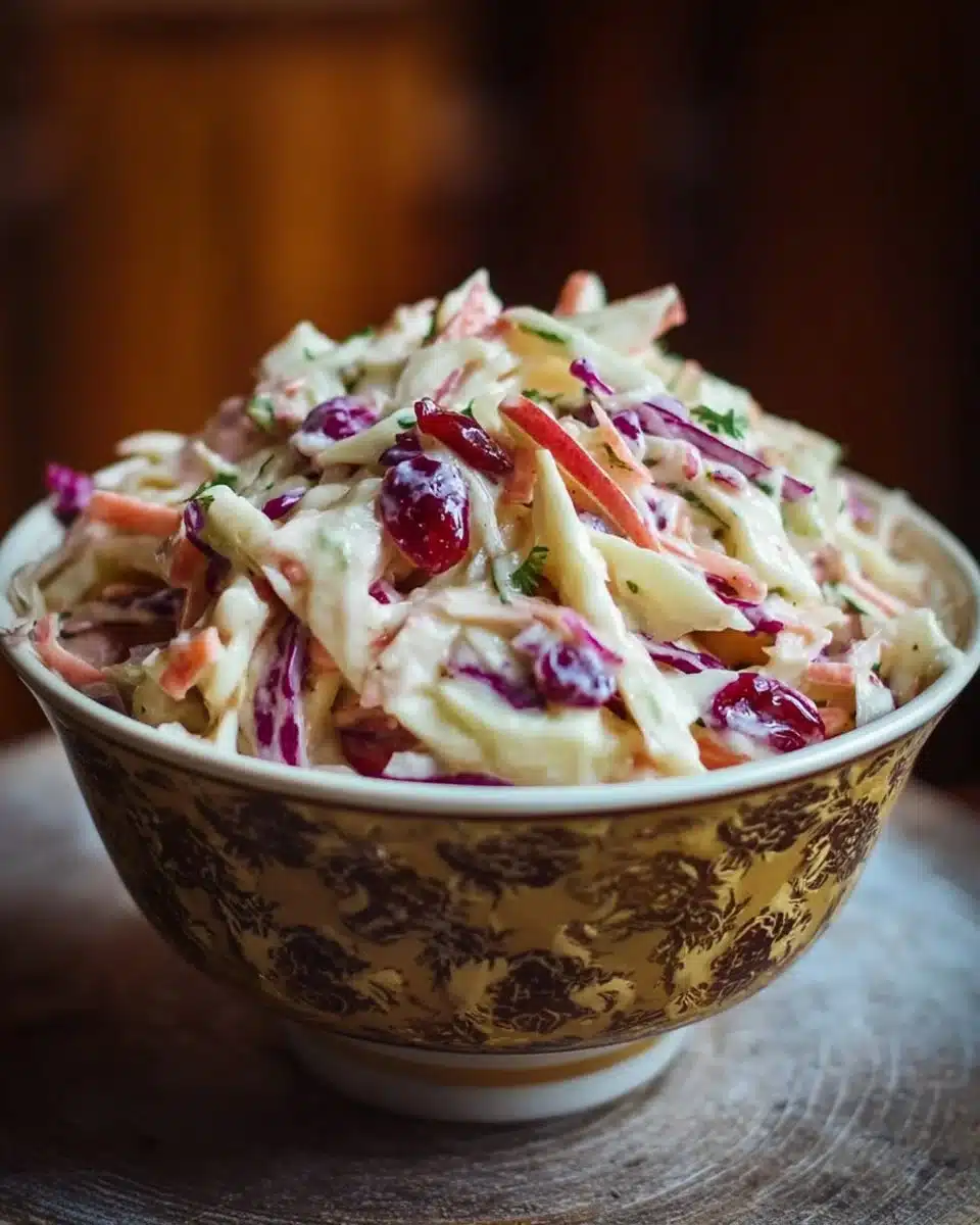 Bowl of cranberry apple coleslaw with vibrant colors and fresh ingredients