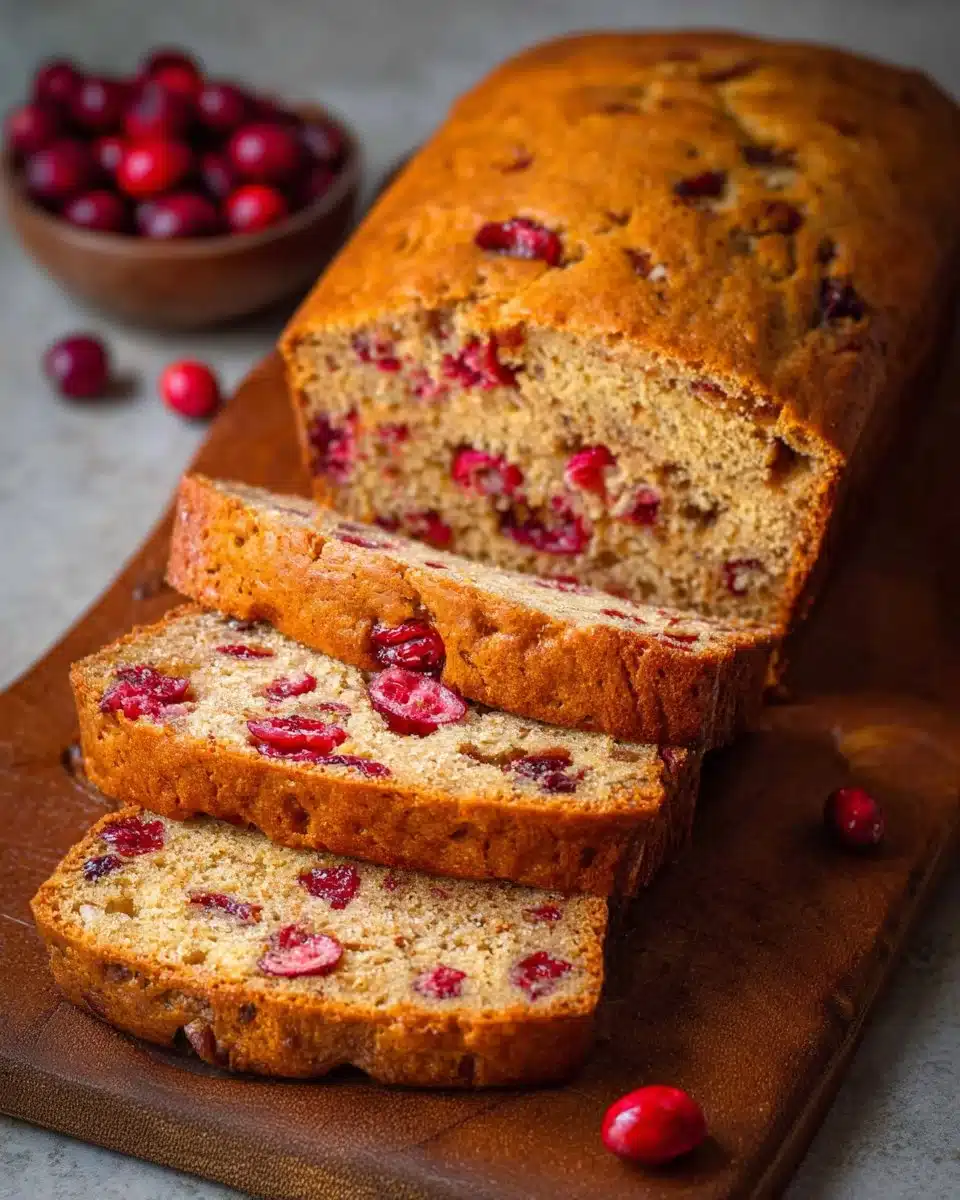 A loaf of freshly baked Cranberry Nut Bread with cranberries and nuts visible.