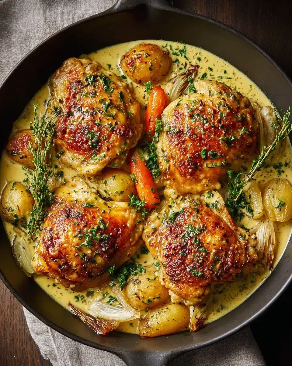 Creamy baked Dijon chicken thighs served with herbs and sides