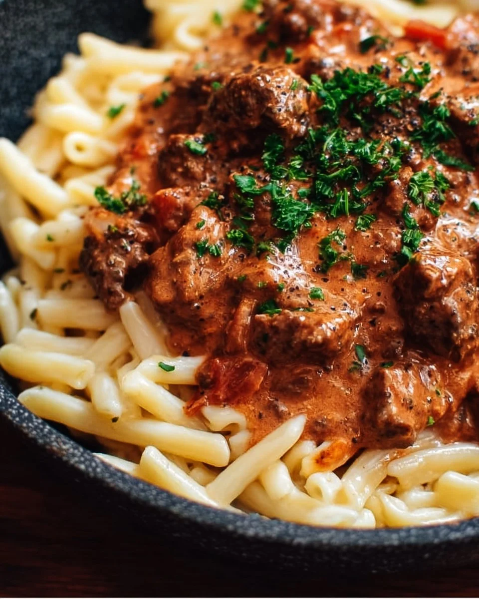 Creamy beef pasta dish with rich sauce and garnished with herbs
