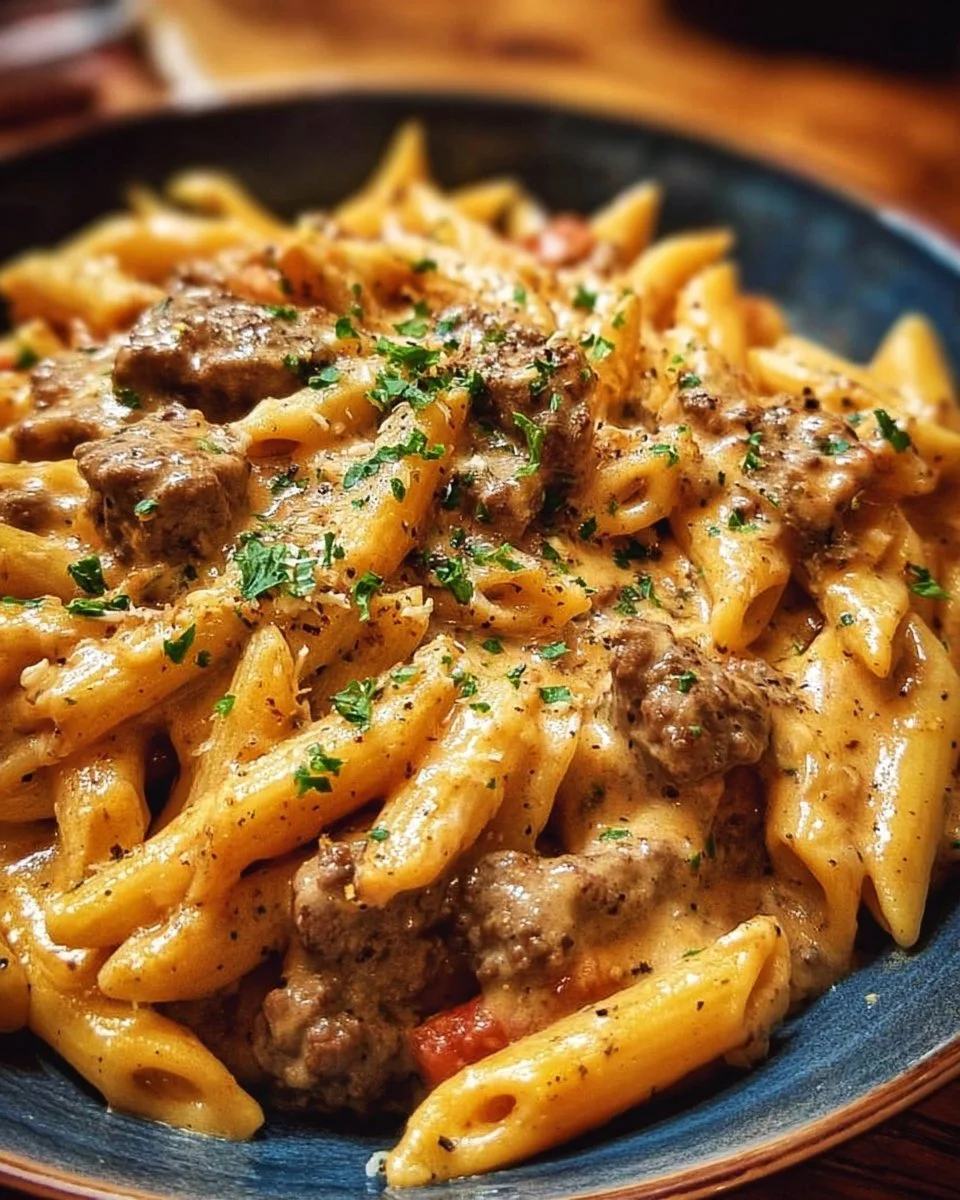 Creamy beef pasta served in a bowl with herbs on top.