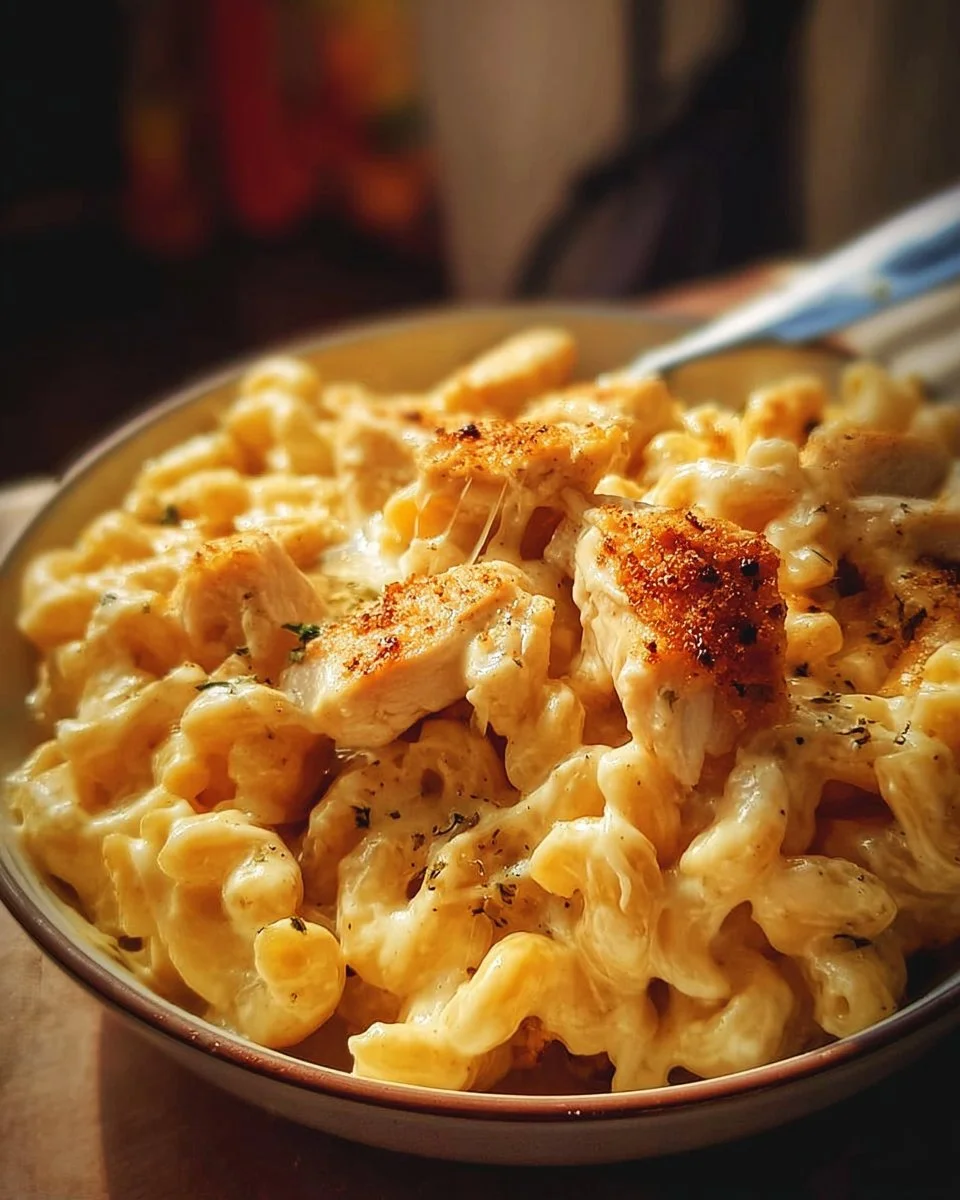 Creamy chicken mac and cheese dish with melted cheese and chicken pieces