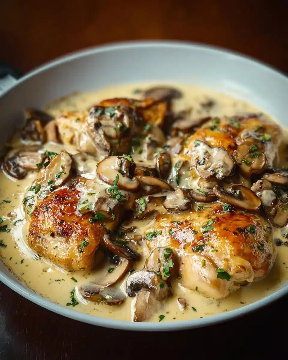 Creamy garlic mushroom chicken thighs served in a skillet