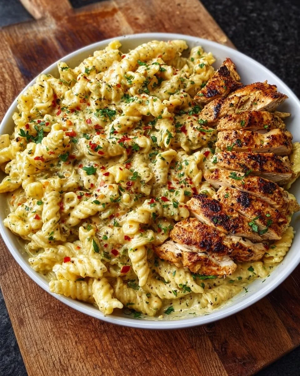 Creamy garlic parmesan chicken pasta garnished with parsley on a white plate.