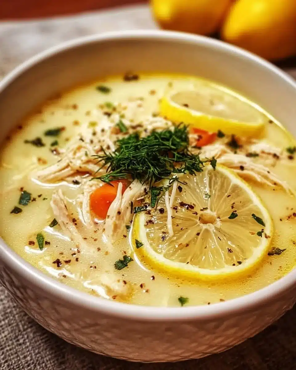 Bowl of creamy Greek Lemon Chicken Soup garnished with fresh herbs
