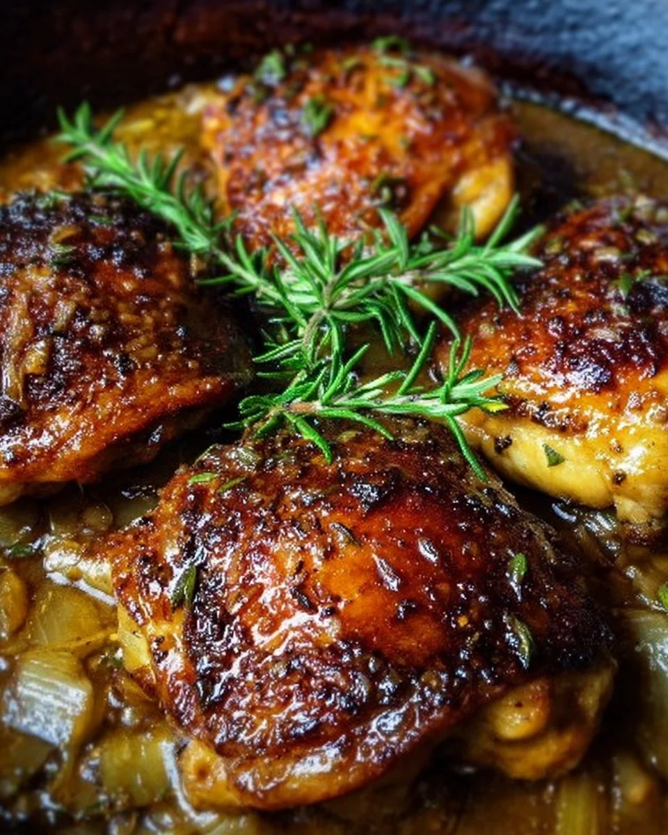 Creamy herb-infused chicken thighs cooked to perfection with fresh herbs